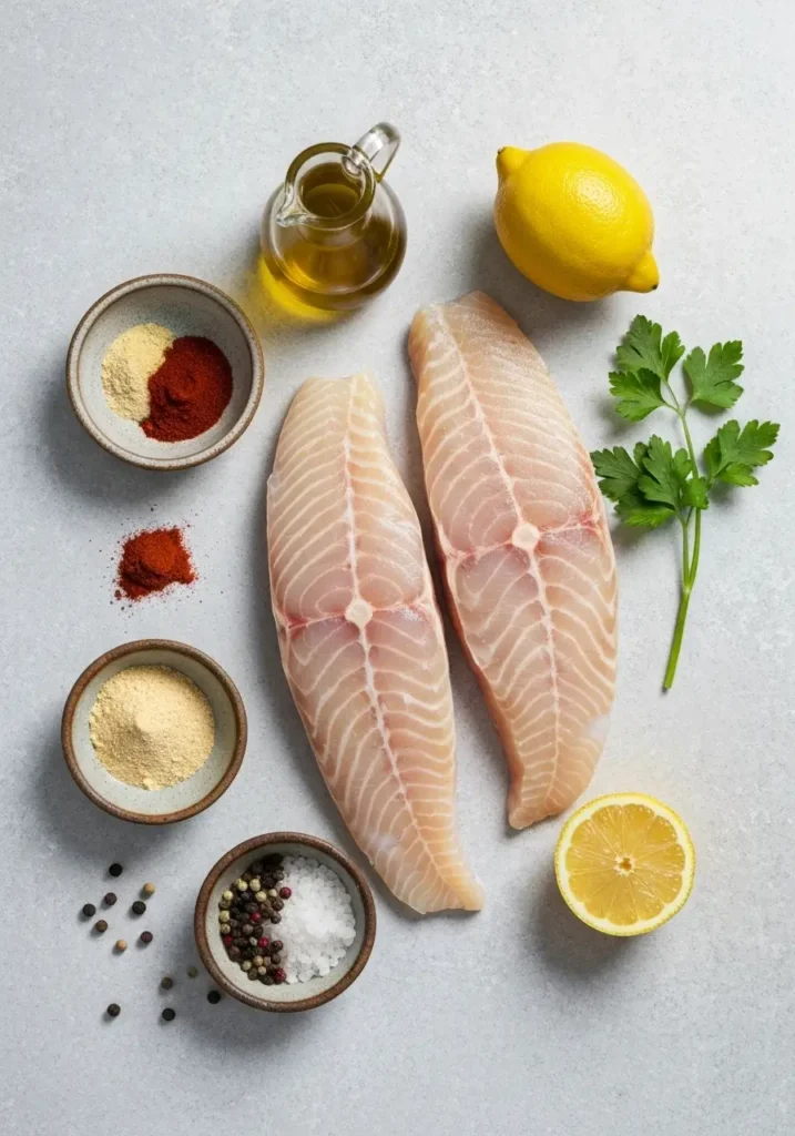 Ingredients for air fryer halibut recipe, including halibut fillets, olive oil, lemon, and spices, arranged on a textured surface.
