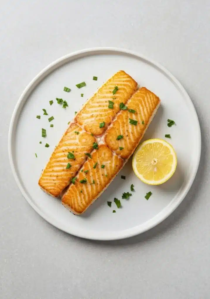 Overhead view of a perfectly cooked air fryer halibut fillet on a white plate, garnished with parsley and a lemon wedge.