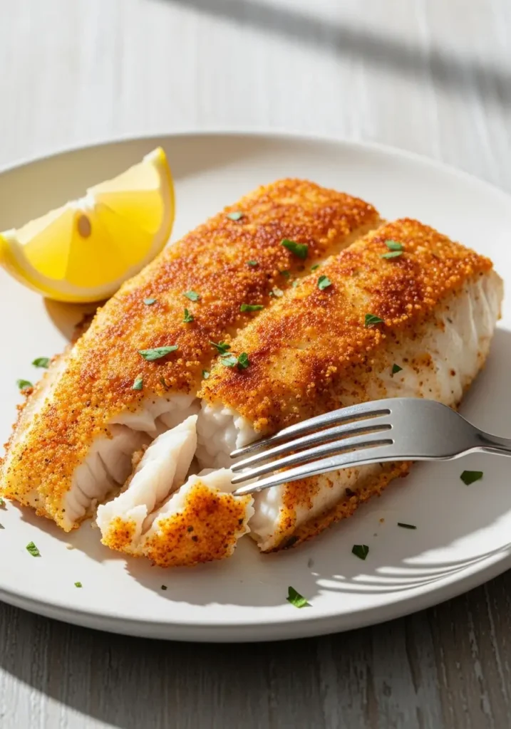 A perfectly cooked air fryer halibut fillet on a white plate, with a fork flaking a piece to show the moist interior.