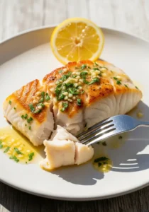 A perfectly cooked Alaskan halibut recipe fillet on a white plate, featuring a golden-brown crust and drizzled with a lemon-garlic butter sauce and fresh parsley.