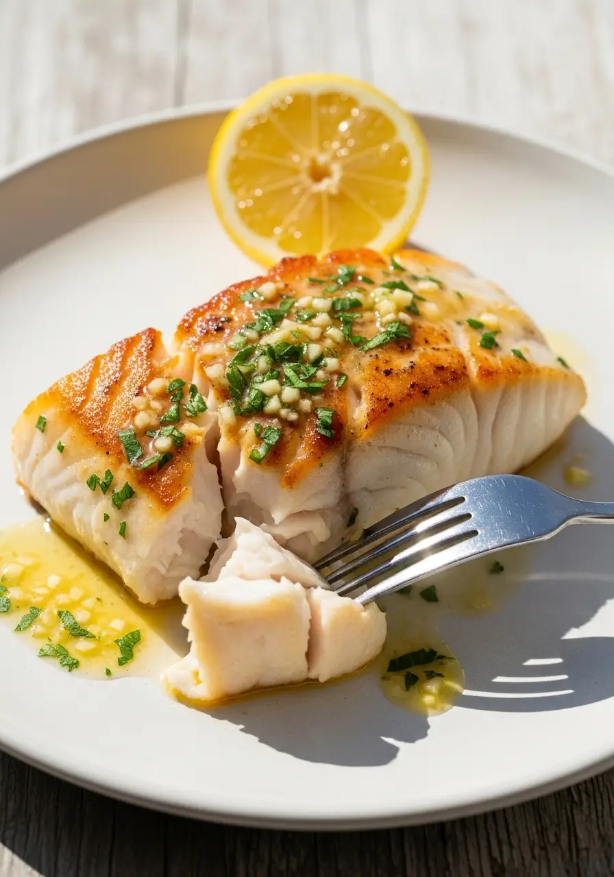 Simple Pan-Seared Alaskan Halibut Recipe to Showcase the Fish's Mild, Sweet Flavor 3 A perfectly cooked Alaskan halibut recipe fillet on a white plate, featuring a golden-brown crust and drizzled with a lemon-garlic butter sauce and fresh parsley.