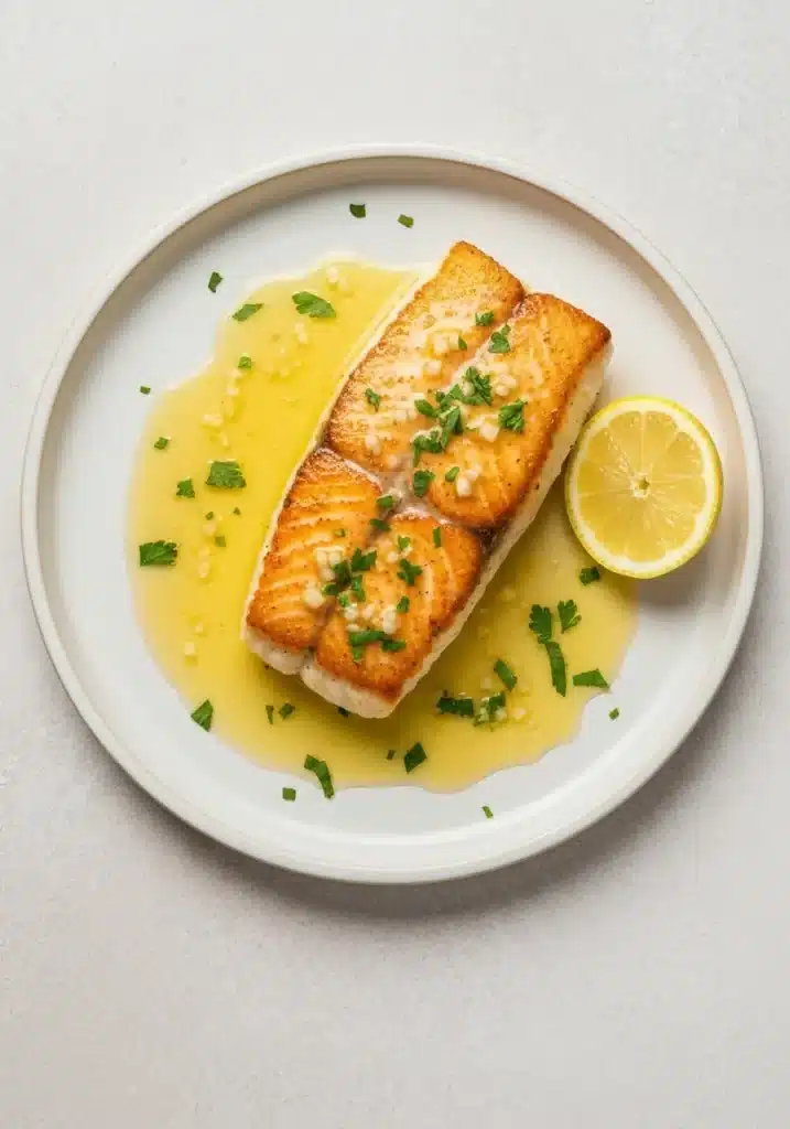 Simple Pan-Seared Alaskan Halibut Recipe to Showcase the Fish's Mild, Sweet Flavor 2 Overhead shot of the finished Alaskan halibut recipe on a plate, garnished with lemon and parsley.