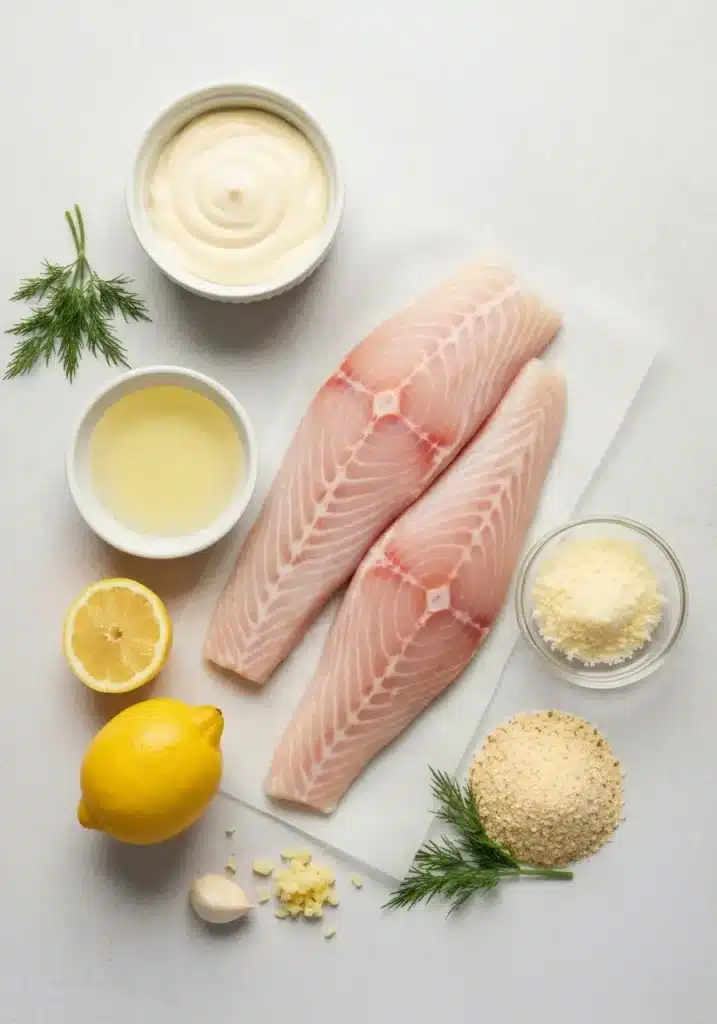 Ingredients for baked halibut recipe with mayonnaise laid out on a light surface, including halibut, mayo, lemon, and parmesan.