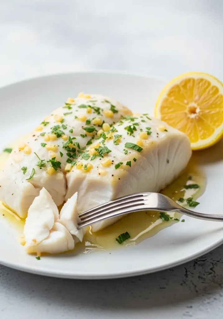 A perfectly baked halibut recipe fillet on a white plate, showing its moist and flaky texture, garnished with parsley and a lemon wedge.