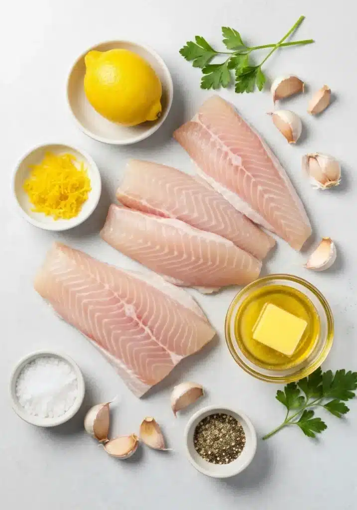 Ingredients for the baked halibut recipe, including halibut fillets, lemon, garlic, butter, and parsley, arranged on a light surface.