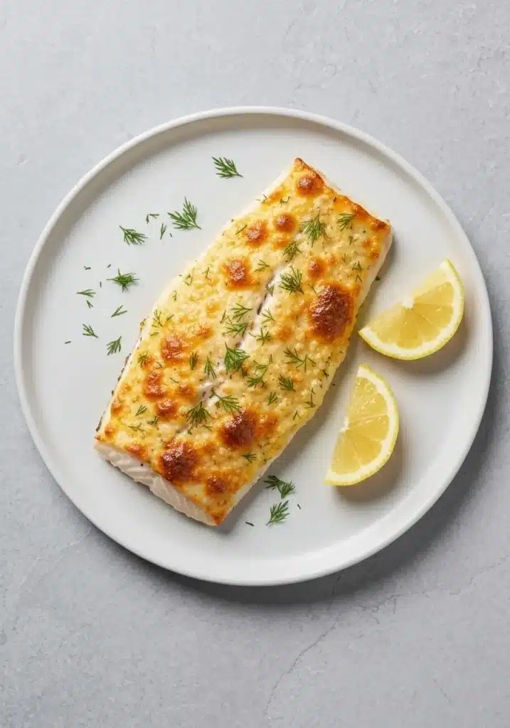 An overhead view of a plate with baked halibut topped with a golden-brown mayonnaise and parmesan crust.