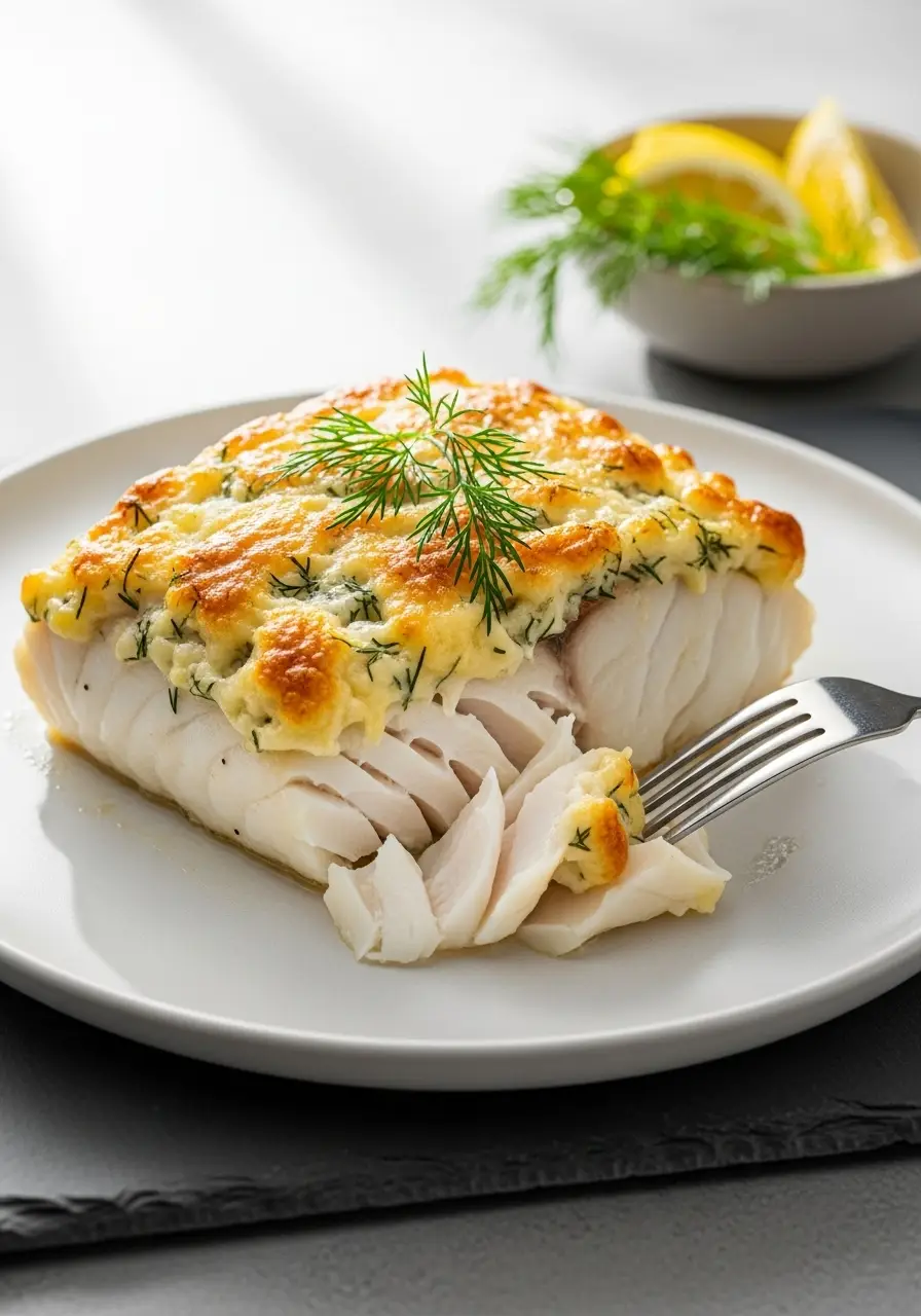 A close-up of a baked halibut fillet with a creamy mayonnaise topping, being flaked with a fork to show the moist interior.