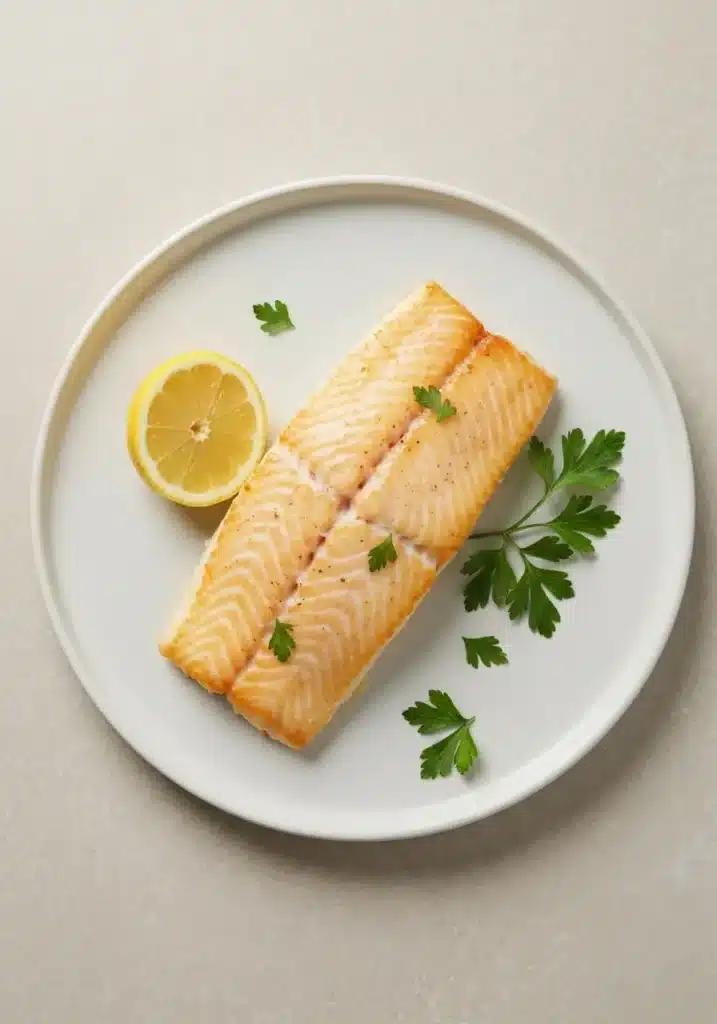 Overhead view of a cooked baked halibut fillet on a plate, garnished and ready to serve.