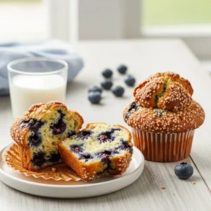 A bakery style blueberry muffin split open to show a moist, fluffy interior, next to a whole muffin with a high, crunchy sugar top.