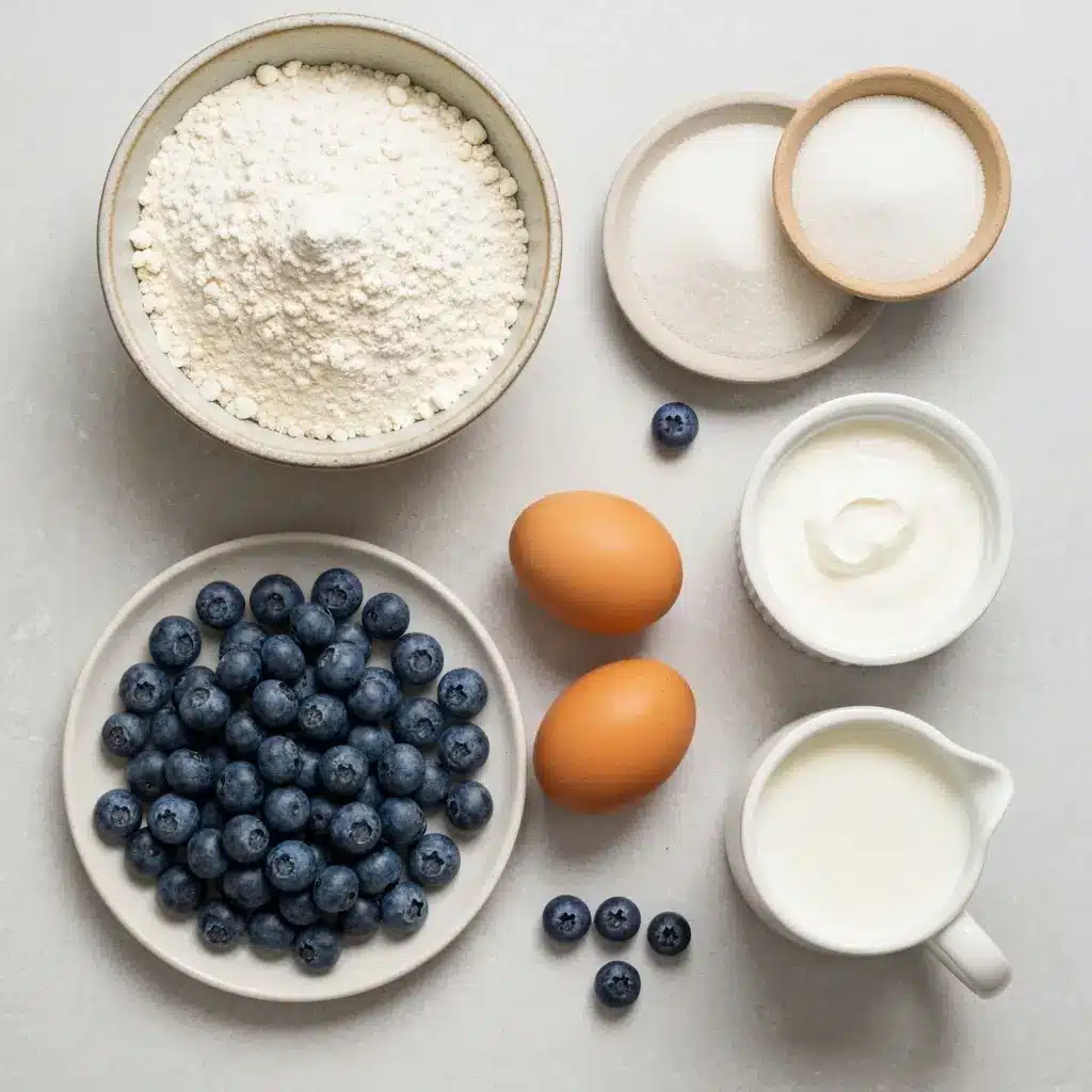 Bakery Style Blueberry Muffin Recipe (With A Sky-High Top!) 1 Overhead view of ingredients for bakery style blueberry muffins: flour, sugar, eggs, sour cream, milk, and fresh blueberries.