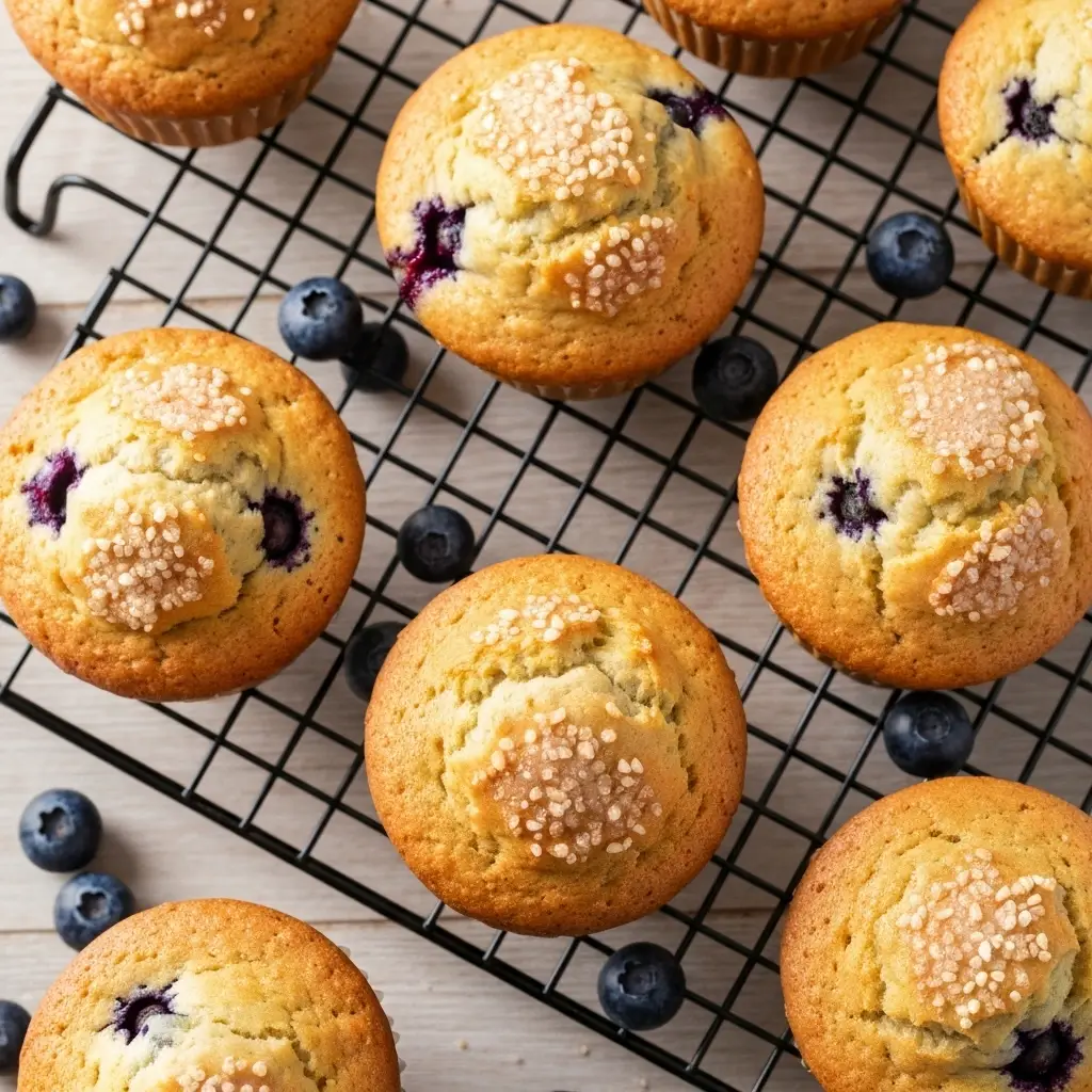 Bakery Style Blueberry Muffin Recipe (With A Sky-High Top!) 2 An overhead shot of six freshly baked bakery-style blueberry muffins with crunchy sugar tops on a wire cooling rack.