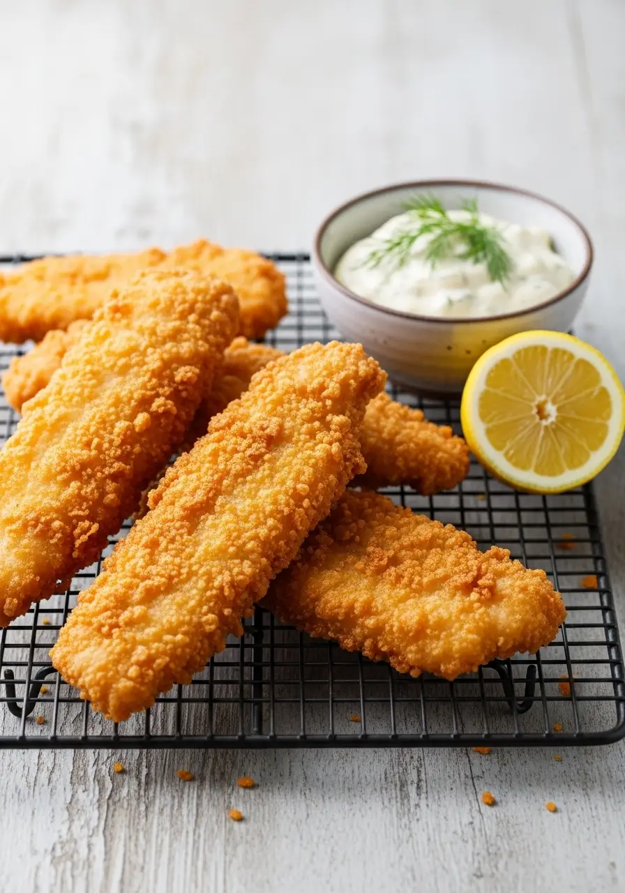 A close-up shot of crispy beer battered halibut pieces on a wire rack with a side of tartar sauce and a lemon wedge.