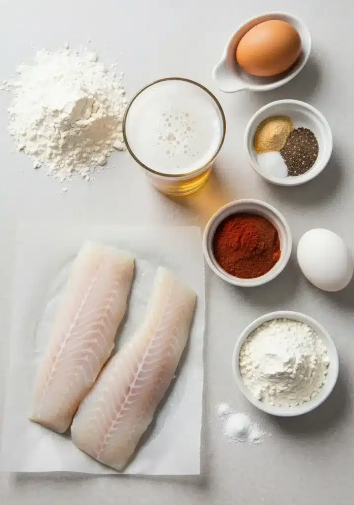 Ingredients for beer battered halibut recipe laid out on a neutral surface, including halibut, flour, beer, and spices.