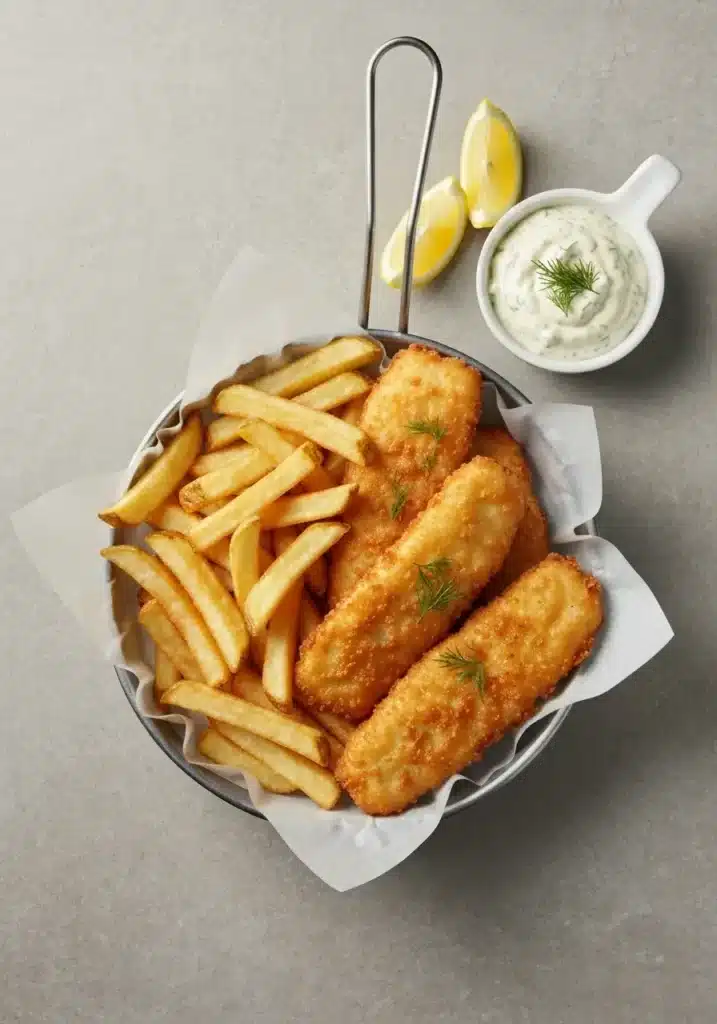 An overhead shot of beer battered halibut served with french fries and tartar sauce.