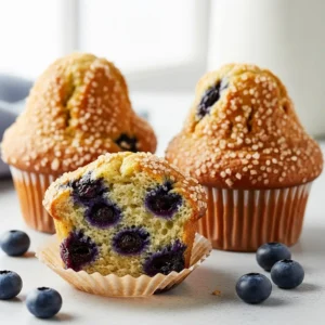A close-up of the best blueberry muffins with tall, golden-brown tops, one of which is unwrapped showing a moist interior.
