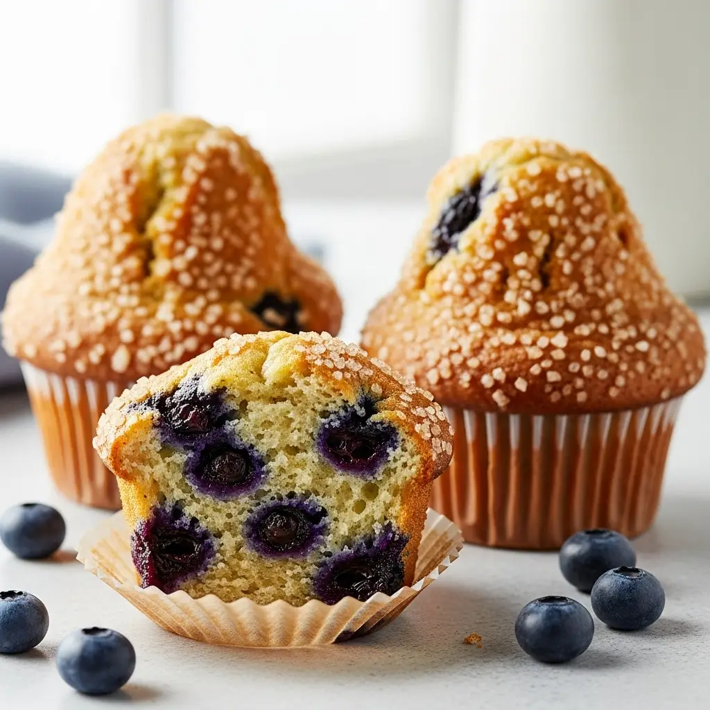 A close-up of the best blueberry muffins with tall, golden-brown tops, one of which is unwrapped showing a moist interior.