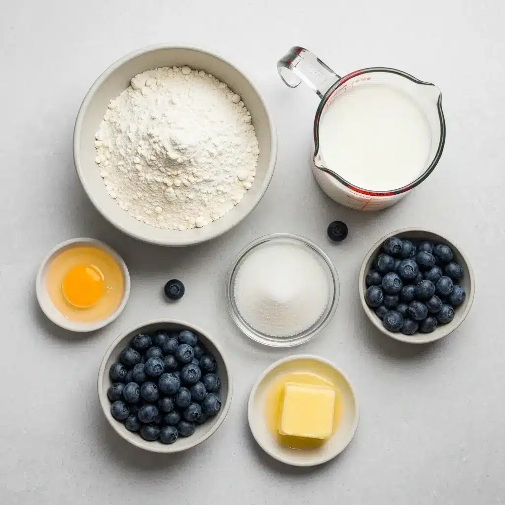 An overhead shot of the ingredients for blueberry muffins: flour, sugar, blueberries, milk, egg, and butter.