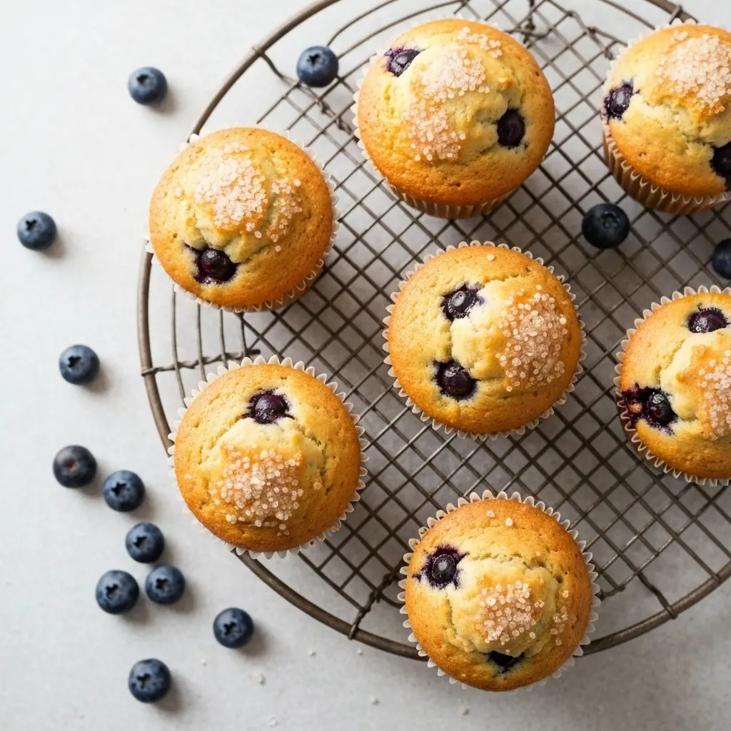 An overhead flat lay photo of six freshly baked blueberry muffins with golden domed tops on a cooling rack.