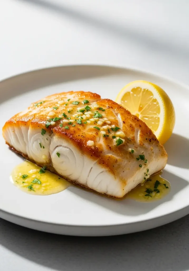 The best halibut recipe served on a white plate, showing a golden crust and flaky white fish with a lemon butter sauce.
