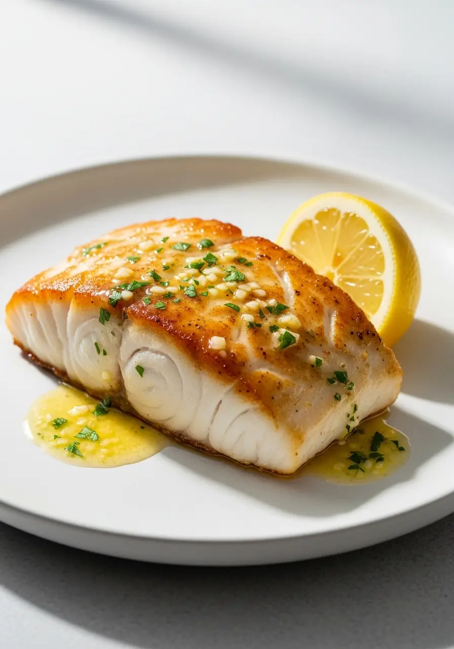 This is Truly the Best Halibut Recipe You'll Ever Make—It's Baked, Flaky, and So Easy 3 The best halibut recipe served on a white plate, showing a golden crust and flaky white fish with a lemon butter sauce.
