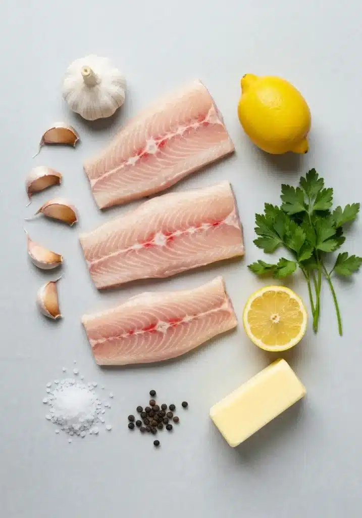 This is Truly the Best Halibut Recipe You'll Ever Make—It's Baked, Flaky, and So Easy 1 Ingredients for the best halibut recipe: raw halibut fillets, lemon, garlic, butter, and parsley.