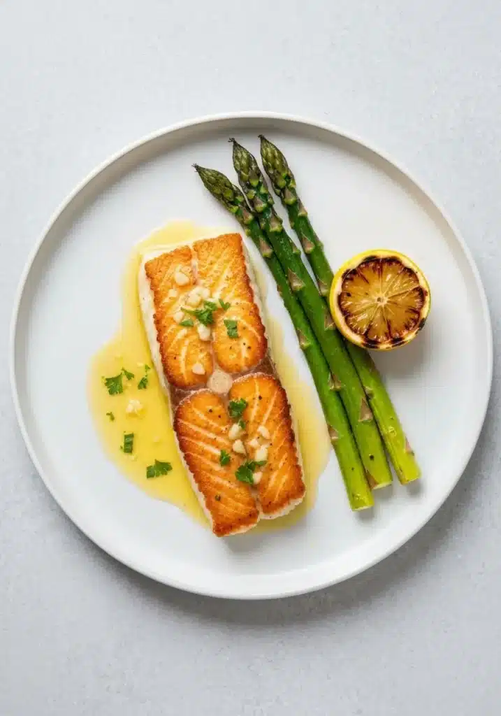 This is Truly the Best Halibut Recipe You'll Ever Make—It's Baked, Flaky, and So Easy 2 An overhead view of the best halibut recipe plated with roasted asparagus and a lemon.
