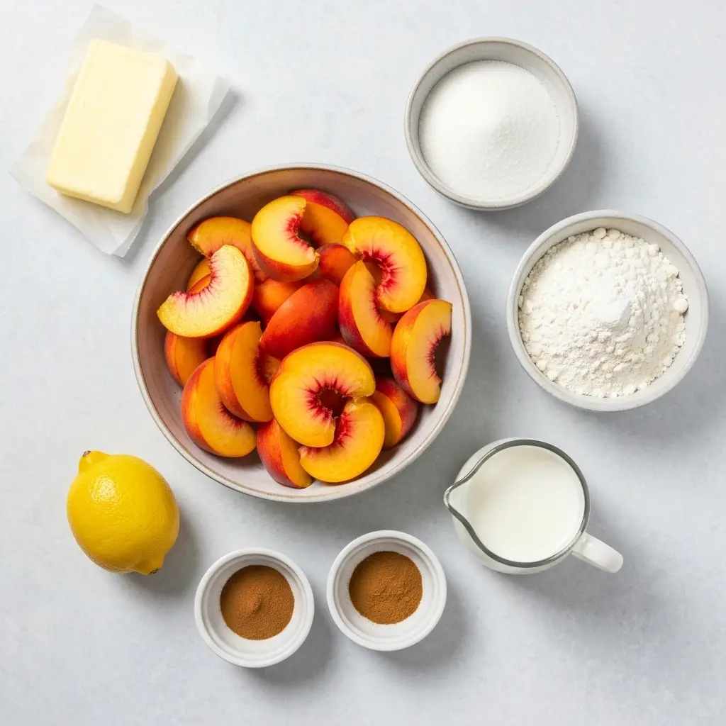 Best Peach Cobbler Recipe (That's So Easy to Make!) 1 Ingredients for the best peach cobbler recipe laid out on a light surface, including fresh peaches, flour, sugar, and butter.
