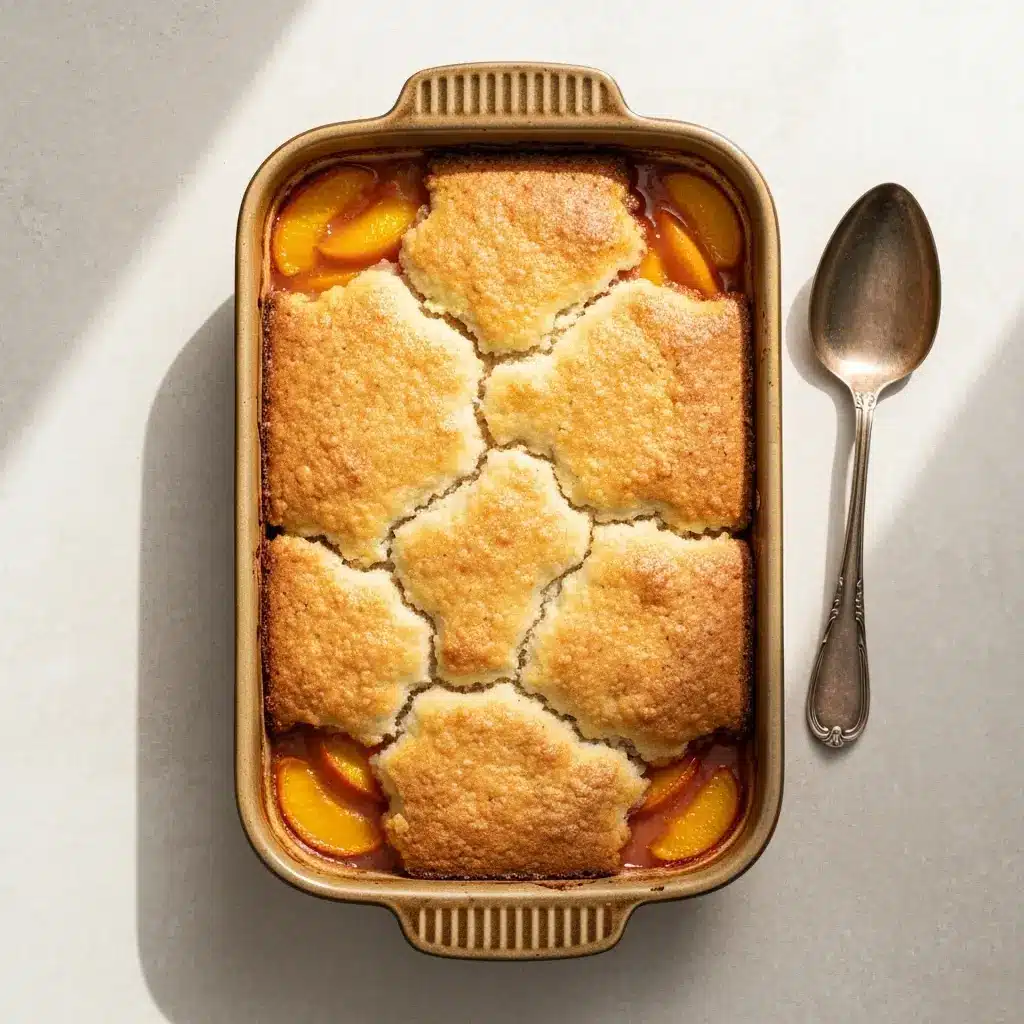 Best Peach Cobbler Recipe (That's So Easy to Make!) 2 An overhead shot of the fully baked best peach cobbler recipe in a baking dish.