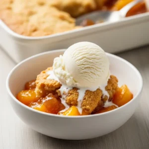 A scoop of the best peach cobbler in a white bowl, topped with a melting scoop of vanilla ice cream.