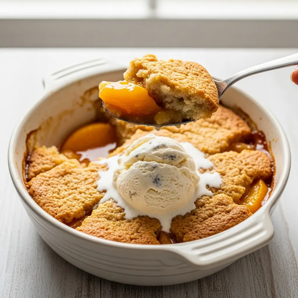 A scoop of warm Bisquick peach cobbler being lifted from a white baking dish, with a scoop of melting vanilla ice cream on top.