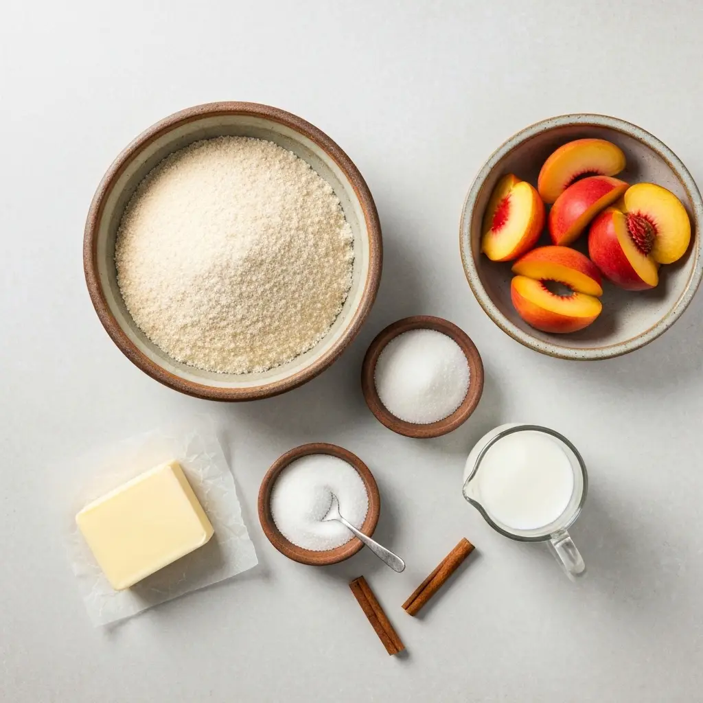 Ingredients for Bisquick peach cobbler laid out on a light surface, including Bisquick mix, sugar, milk, butter, and peaches.