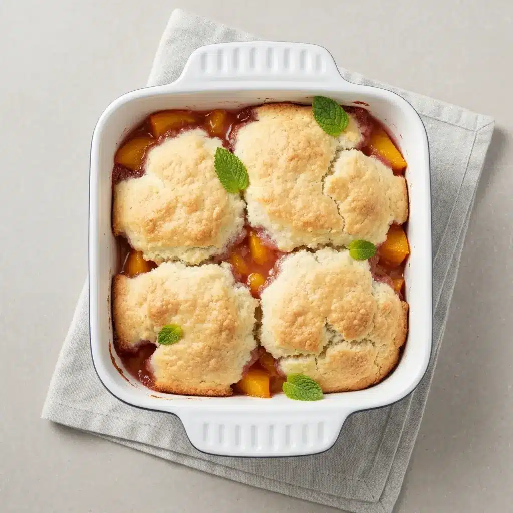 Overhead shot of a fully baked Bisquick peach cobbler in a white dish, showing the golden biscuit topping.