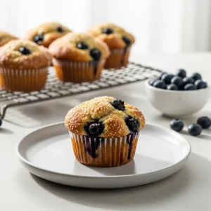 A close up of a moist blueberry banana muffin on a light grey plate, with more muffins in the background.