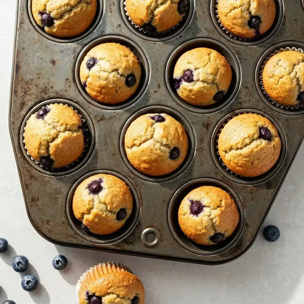 Blueberry Banana Muffin Recipe (Moist & Easy!) 2 Overhead shot of a dozen freshly baked blueberry banana muffins cooling in a muffin tin.