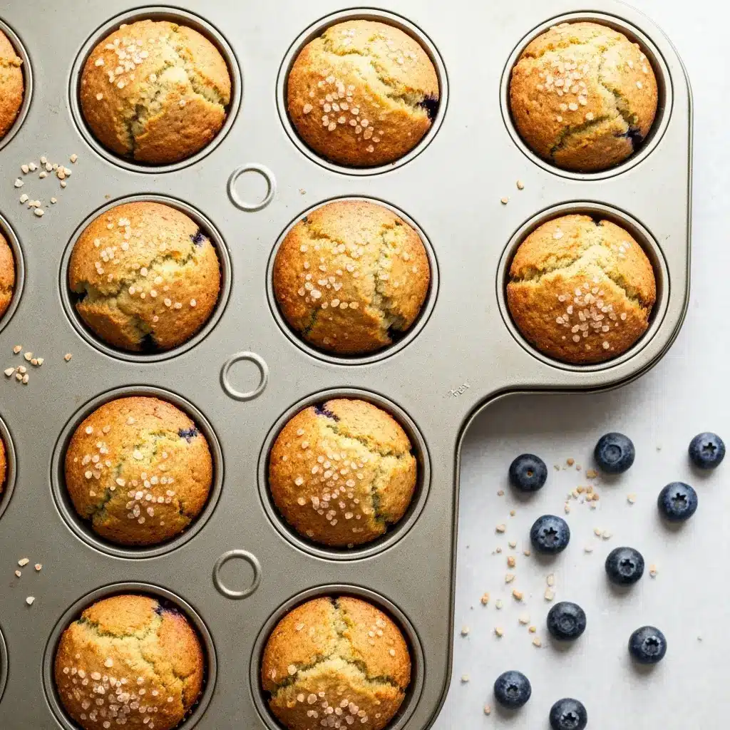 Blueberry Buttermilk Muffins (Bakery-Style & Incredibly Moist) 2 Overhead view of a dozen freshly baked blueberry buttermilk muffins in a muffin tin.