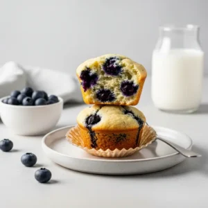 A stack of two blueberry buttermilk muffins on a plate, with one broken open to show the moist interior.