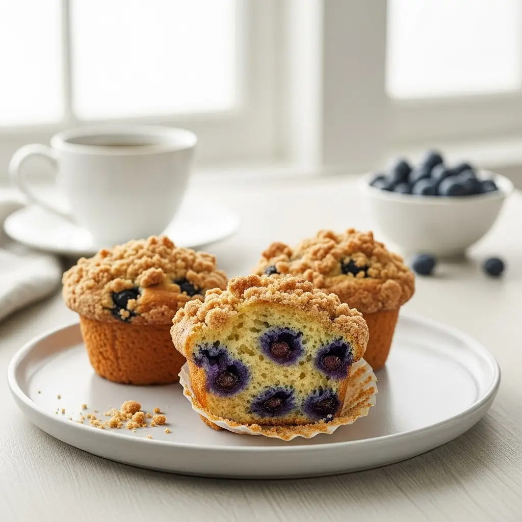 A close-up of blueberry coffee cake muffins on a plate, one broken open to show the moist crumb and berries.