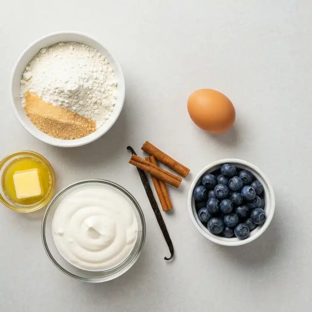 Blueberry Coffee Cake Muffin Recipe (with The Best Streusel!) 1 Overhead shot of ingredients for blueberry coffee cake muffins: flour, sugar, butter, egg, blueberries, and sour cream.