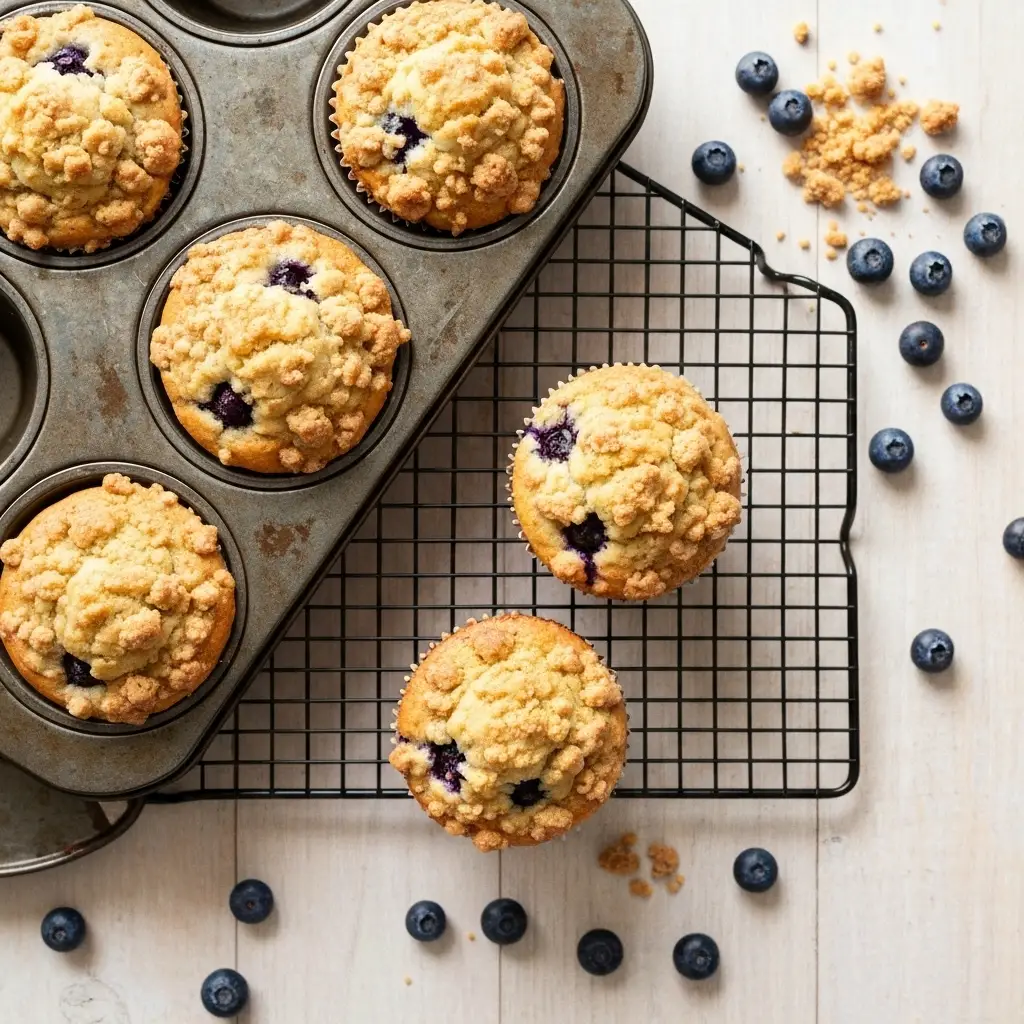 Blueberry Coffee Cake Muffin Recipe (with The Best Streusel!) 2 Overhead view of freshly baked blueberry coffee cake muffins cooling on a wire rack.