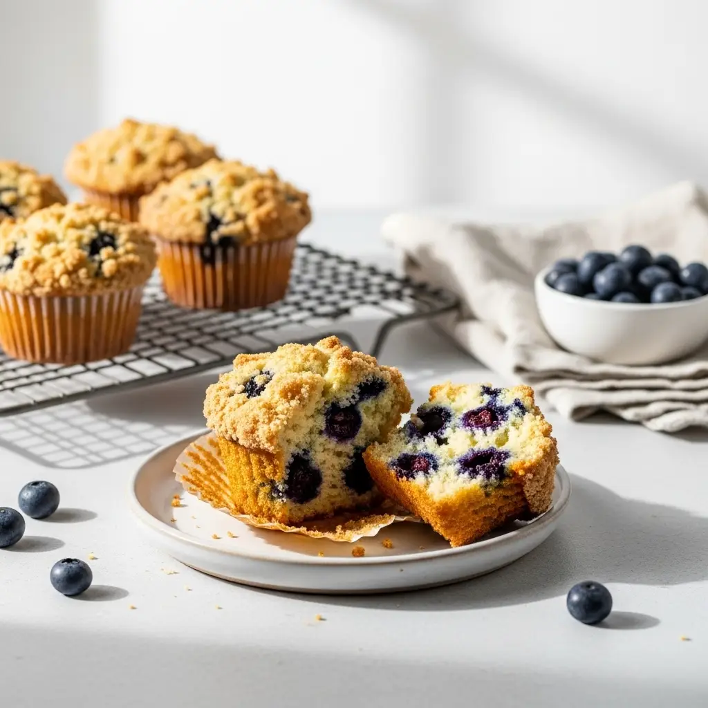 Blueberry Crumb Muffin Recipe (Bakery-Style Perfection) 3 A perfect blueberry crumb muffin on a plate, broken open to show the moist inside.