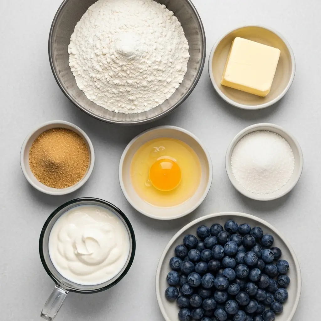 Blueberry Crumb Muffin Recipe (Bakery-Style Perfection) 1 Ingredients for blueberry crumb muffins, including flour, sugar, butter, and fresh blueberries.