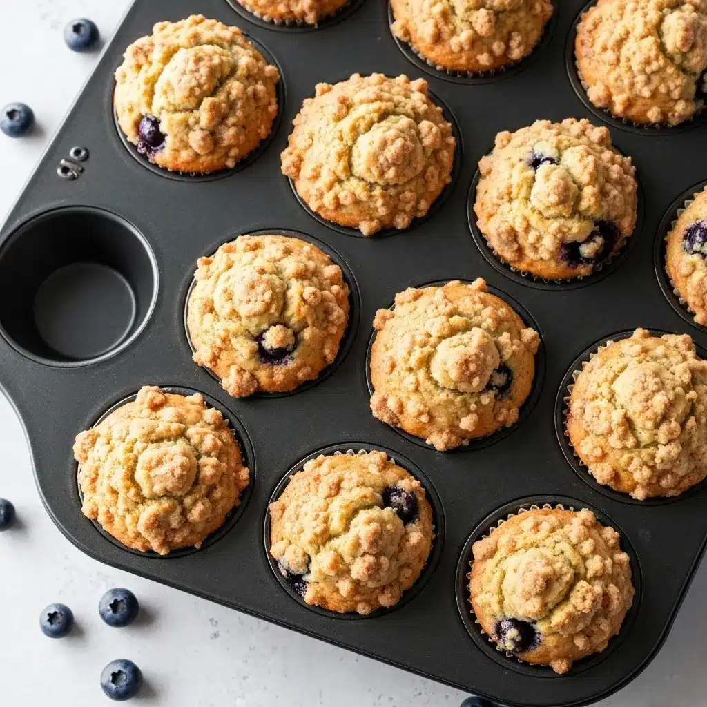 Blueberry Crumb Muffin Recipe (Bakery-Style Perfection) 2 Overhead view of a dozen freshly baked blueberry crumb muffins in a muffin tin.