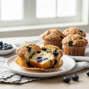 A close-up of a blueberry muffin with sour cream broken in half to show the moist and fluffy inside.
