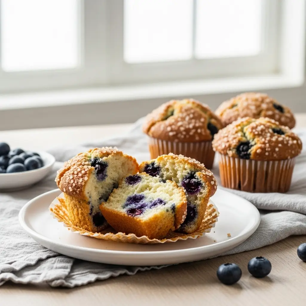 Blueberry Muffins with Sour Cream (The BEST Moist & Fluffy Recipe!) 3 A close-up of a blueberry muffin with sour cream broken in half to show the moist and fluffy inside.