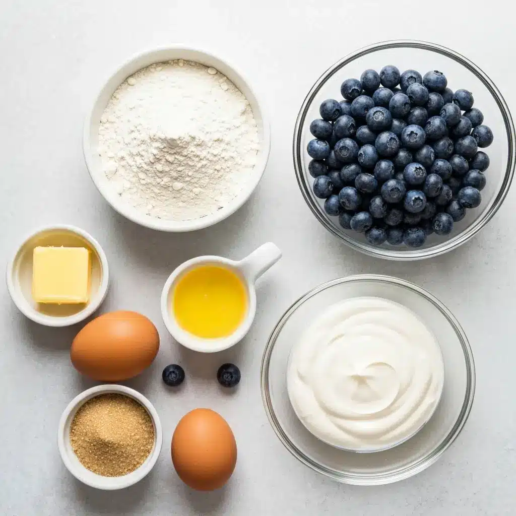 Blueberry Muffins with Sour Cream (The BEST Moist & Fluffy Recipe!) 1 Overhead view of ingredients for blueberry muffins with sour cream: flour, sugar, eggs, butter, sour cream, and blueberries.