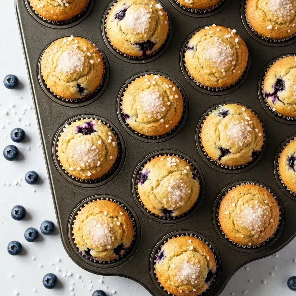 Blueberry Muffins with Sour Cream (The BEST Moist & Fluffy Recipe!) 2 Overhead shot of freshly baked blueberry muffins with sour cream in a muffin tin.