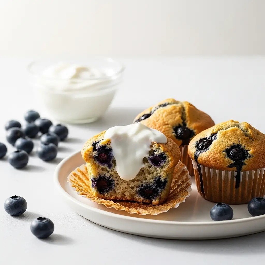 A close-up of three moist blueberry muffins with yogurt on a plate, with one split open to show the fluffy interior.