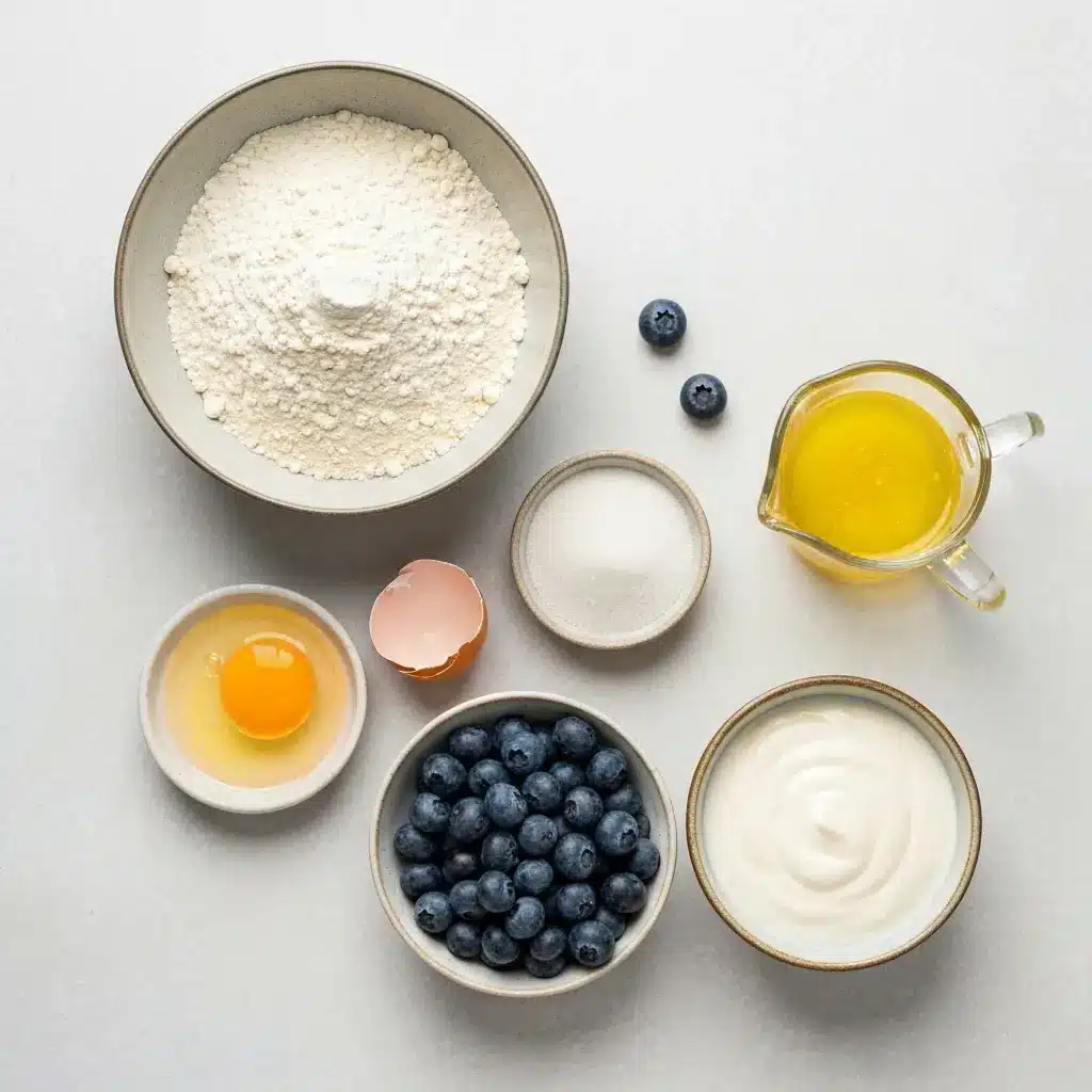 Blueberry Muffins with Yogurt: The Secret to Incredibly Moist Muffins 1 Overhead shot of ingredients for blueberry muffins with yogurt: flour, sugar, egg, butter, yogurt, and fresh blueberries.