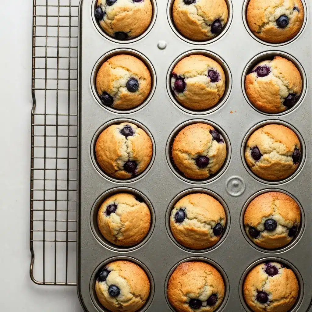 Blueberry Muffins with Yogurt: The Secret to Incredibly Moist Muffins 3 Overhead view of a dozen freshly baked blueberry muffins with yogurt cooling in a muffin tin.