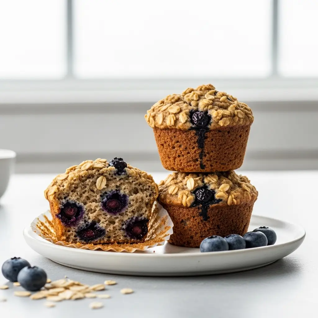 A stack of three homemade blueberry oatmeal muffins on a plate, with one split open to show the moist interior.